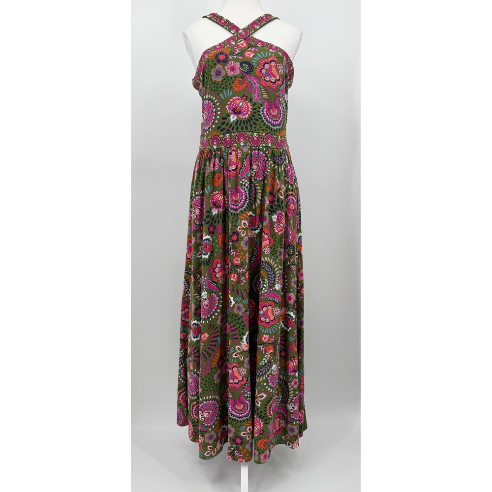 Boden Olive Green Floral Paisley Halter Maxi Dress with Pockets US 4R UK 8R